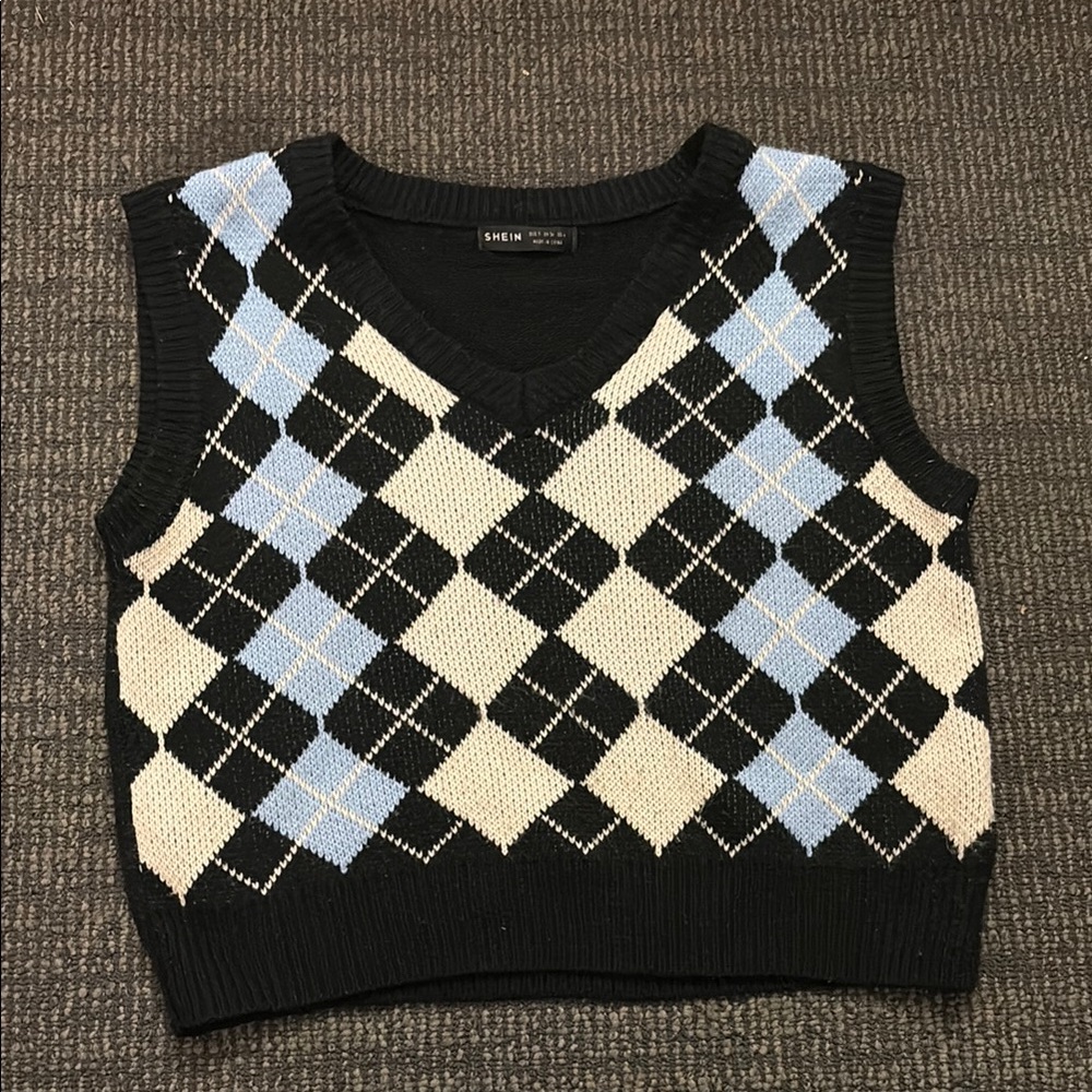 SHEIN Black and Light Blue Argyle V-Neck Sweater Vest